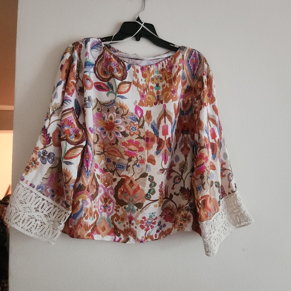 Zara Floral Waterprints Blouse Lace Trimmed Sleeves Pink/cream Sz L NWT